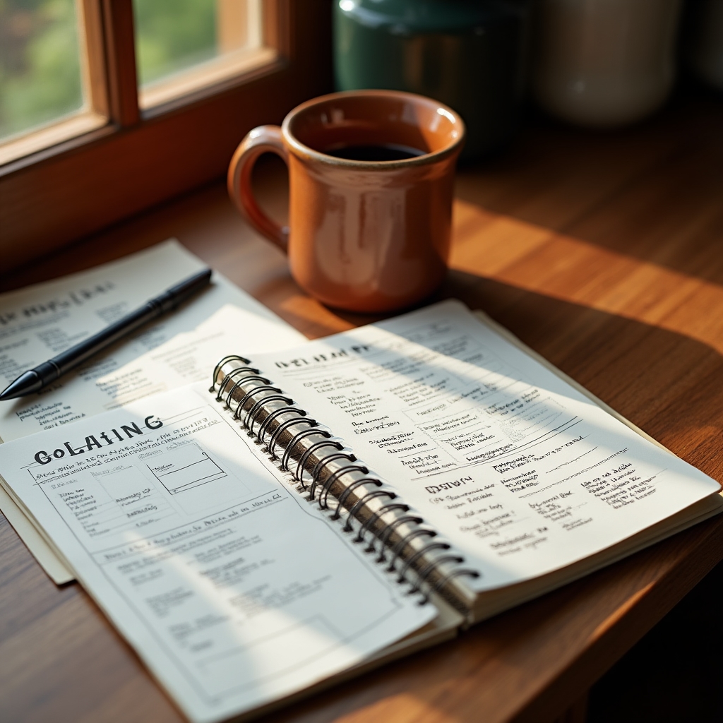 Coach reviewing meal prep planning notes at a wooden desk with a warm coffee mug nearby, organized and thoughtful workspace