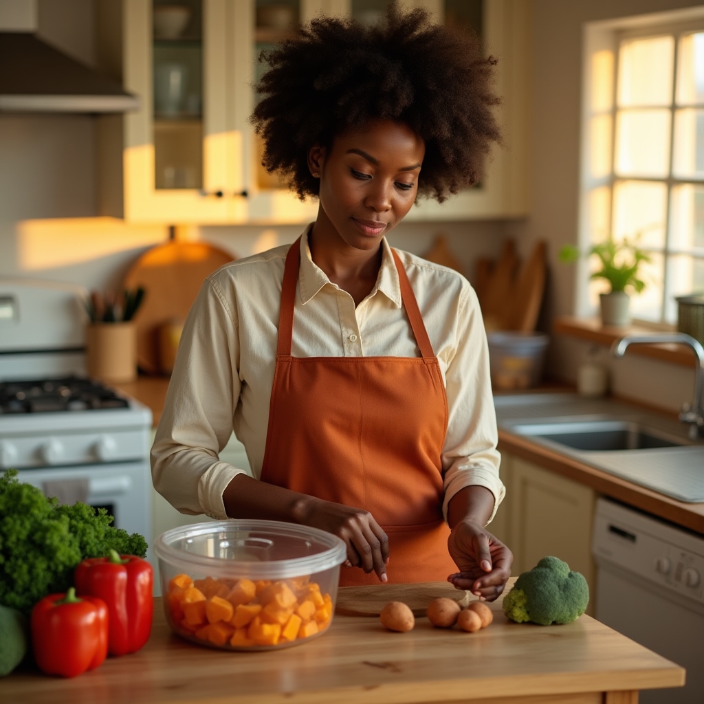 Meal prep coaching session with organized containers and fresh vegetables on a wooden kitchen counter